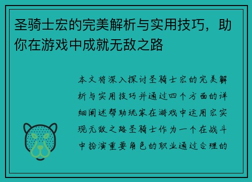 圣骑士宏的完美解析与实用技巧，助你在游戏中成就无敌之路