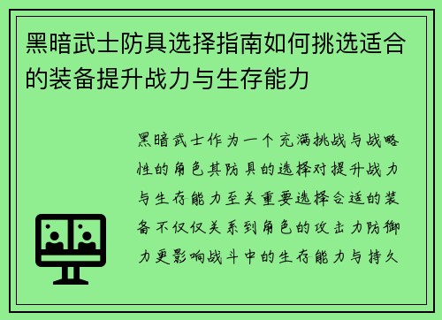 黑暗武士防具选择指南如何挑选适合的装备提升战力与生存能力